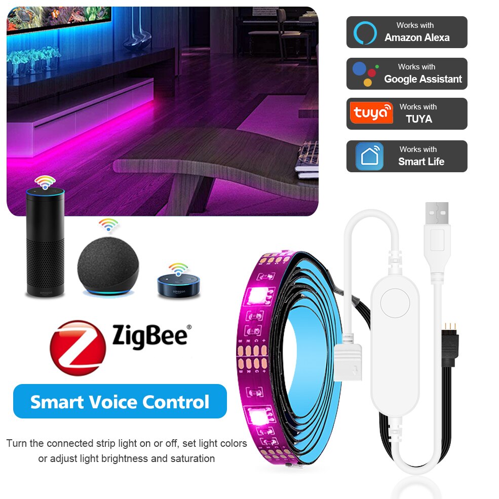 Zigbee 3.0 USB Led 스트립 라이트 Tuya 컨트롤러 Led 조명 테이프는 Smartthings Alexa /Google Assistant Room TV 백라이트와 함께 작동합니다.